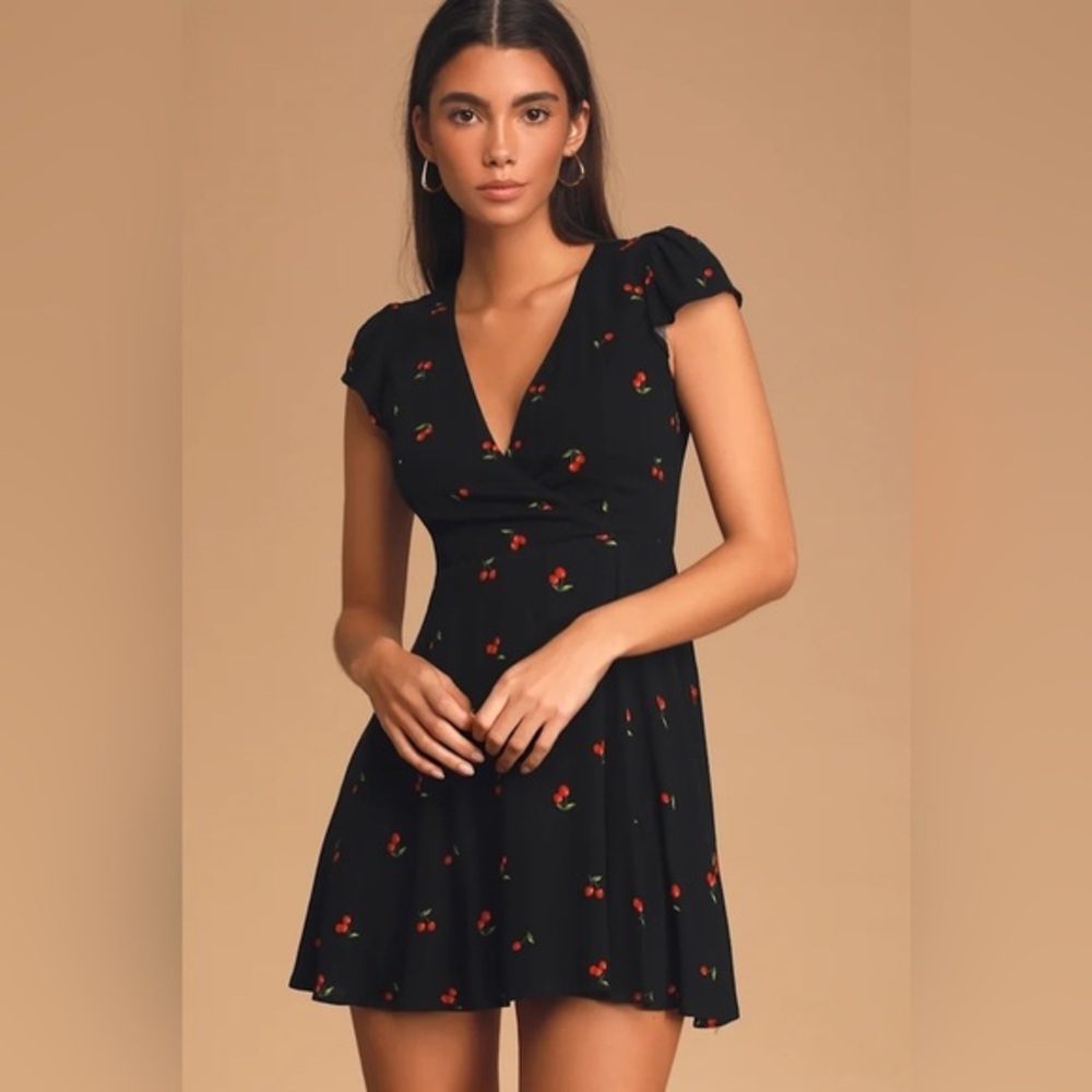 Lulus “Best Day Ever” Black Cherry Print Skater Dress Size XS — 100% Rayon